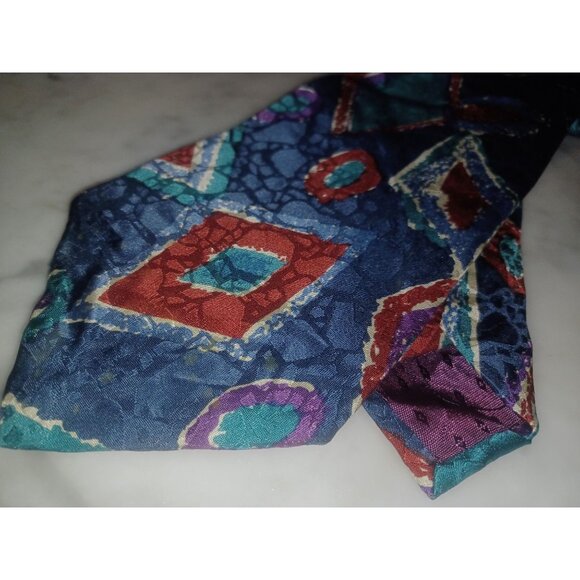 Silk Accents Men's Tie Geometric Design Blue Red Green Purple - Picture 4 of 4